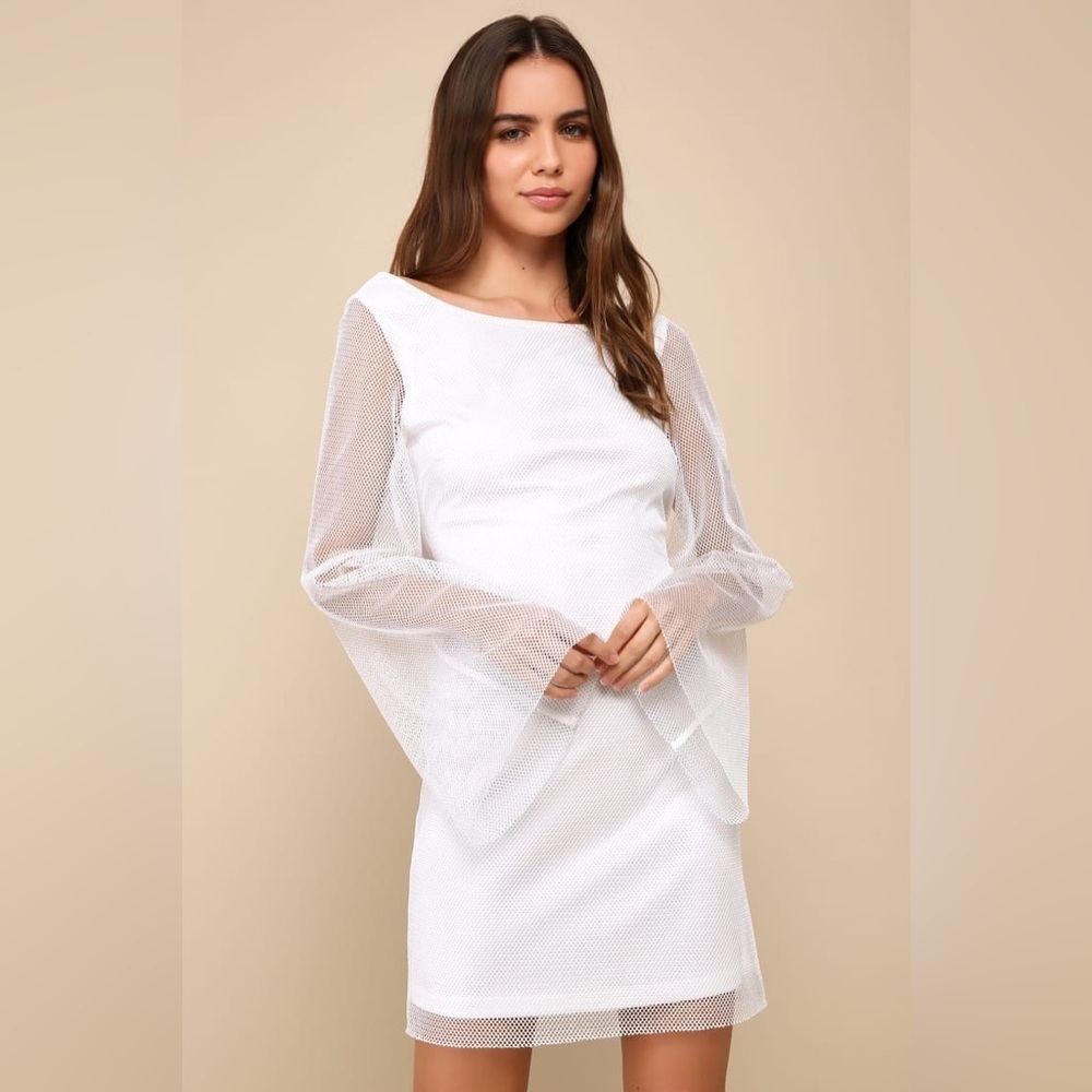 Special Glow White Fishnet Lurex Bell Sleeve Mini Dress